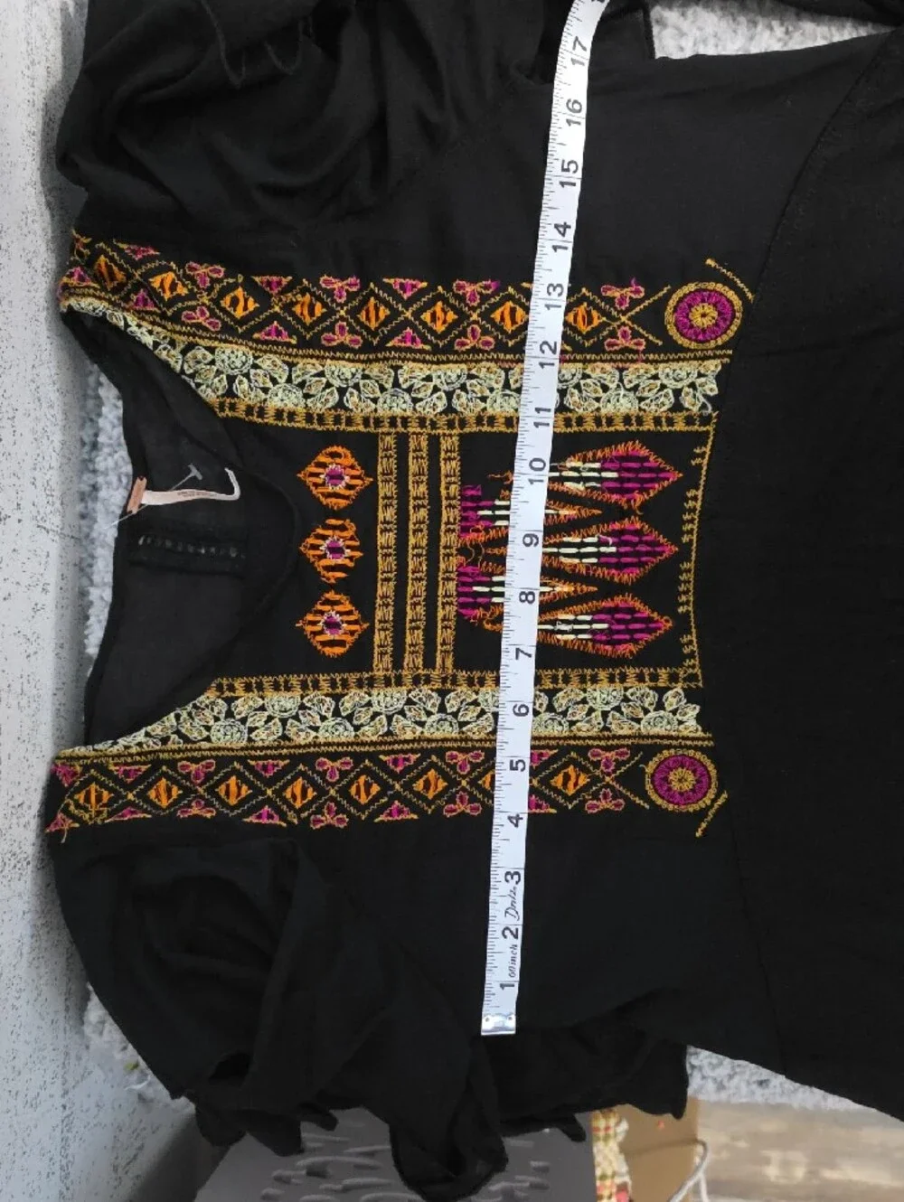 Free People Black Blouse with Multicolor Embroidered Yoke
